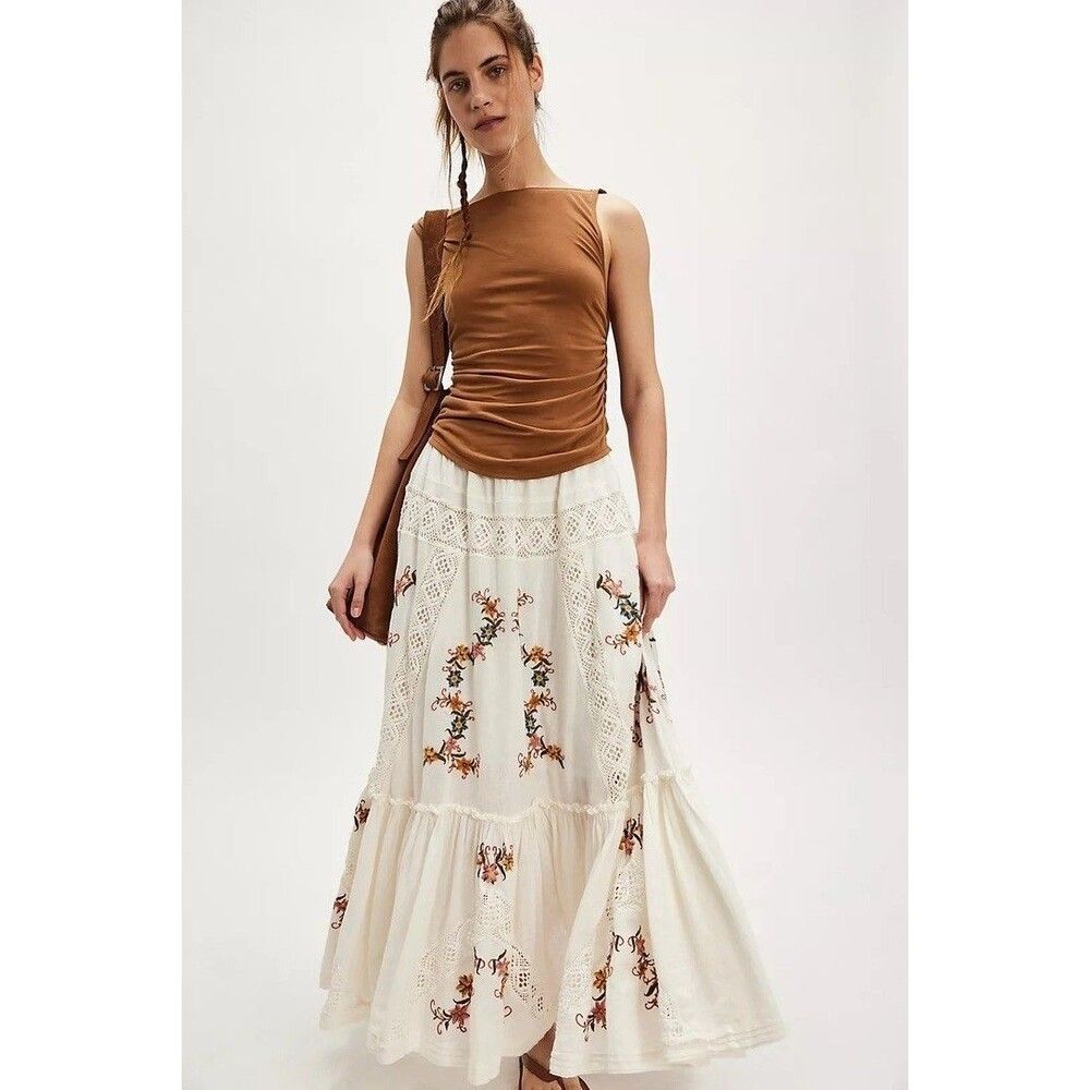 Free People Paradiso Maxi Skirt Tiered Embroidered Floral Lace Snow White XS NEW